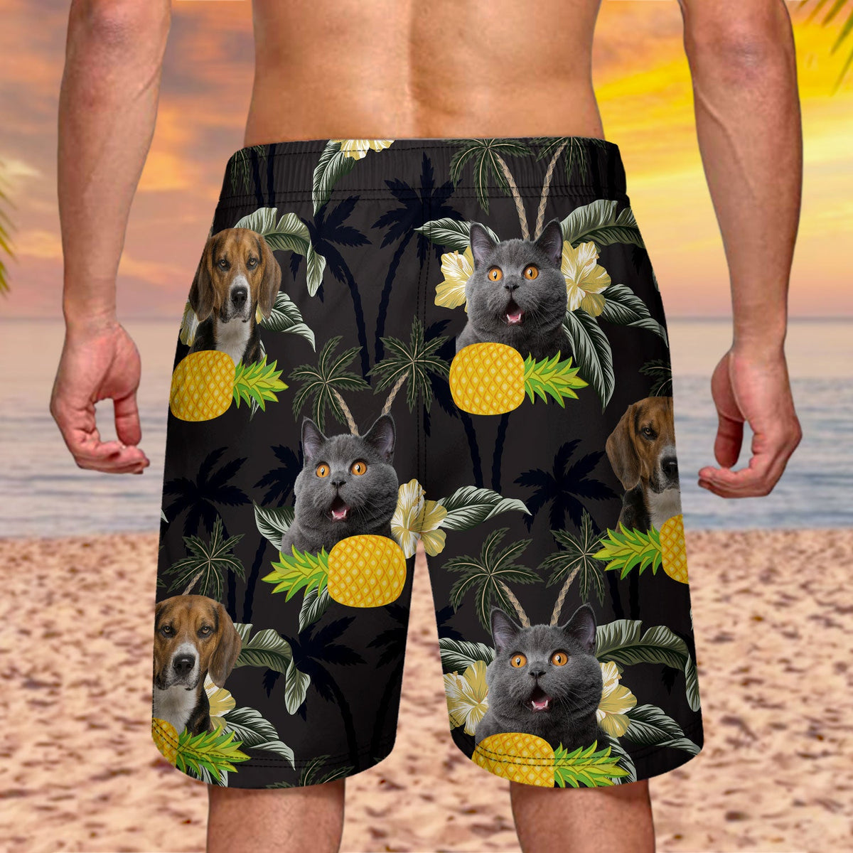 Custom Photo Funny Family Pet Face Black Tropical Flower - Funny Gift For Pet Lovers, Dog Mom, Cat Mom, Dog Dad, Cat Dad - Personalized Unisex Beach Shorts