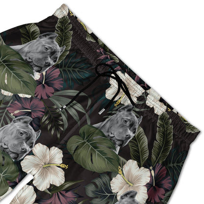 Custom Photo Funny Family Pet Face Black Tropical Flower - Funny Gift For Pet Lovers, Dog Mom, Cat Mom, Dog Dad, Cat Dad - Personalized Unisex Beach Shorts