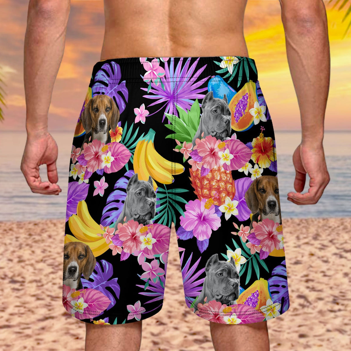Custom Photo Funny Family Pet Face Black Colorful Tropical - Funny Gift For Pet Lovers, Dog Mom, Cat Mom, Dog Dad, Cat Dad - Personalized Unisex Beach Shorts