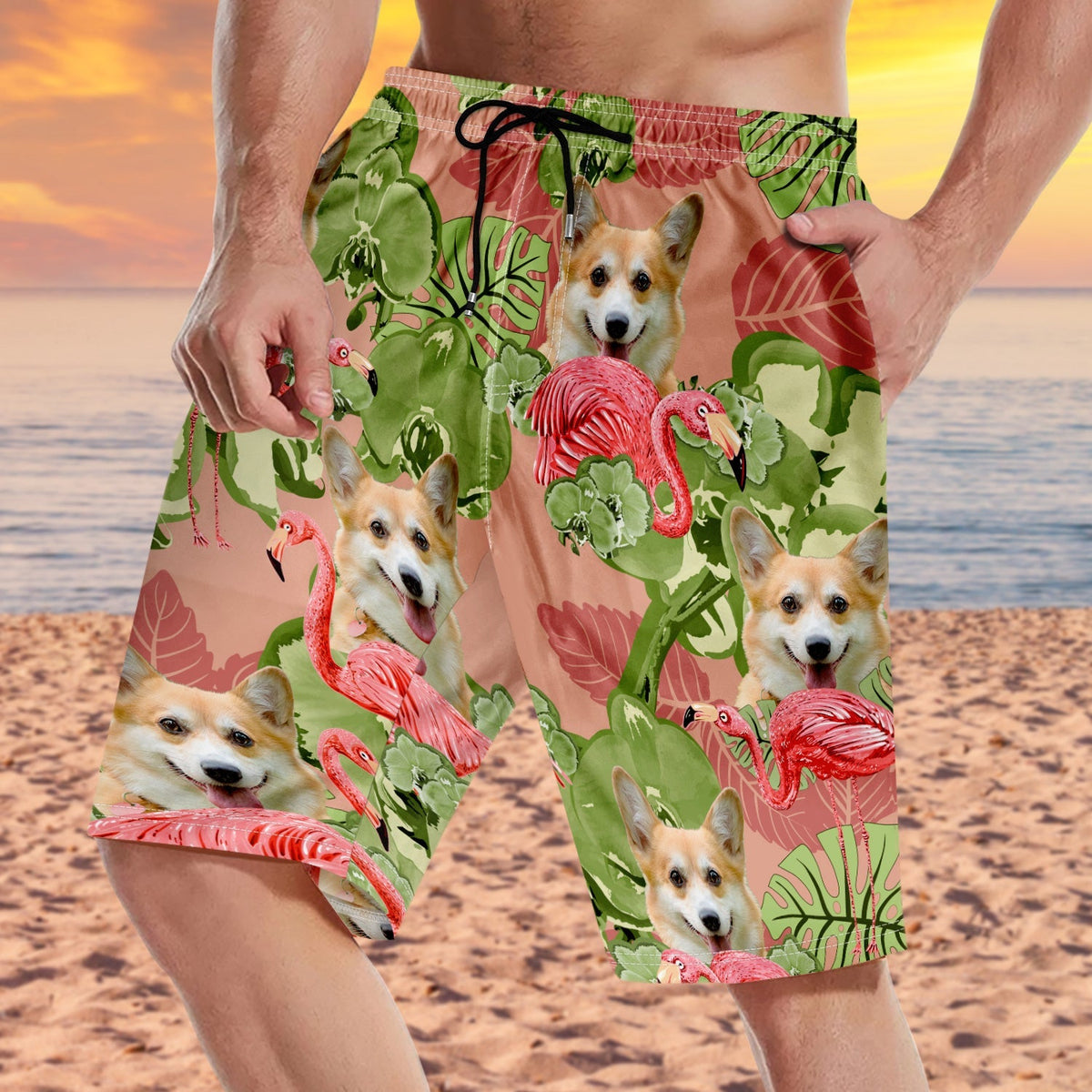 Custom Photo Funny Family Pet Face Flamingo - Funny Gift For Pet Lovers, Dog Mom, Cat Mom, Dog Dad, Cat Dad - Personalized Unisex Beach Shorts