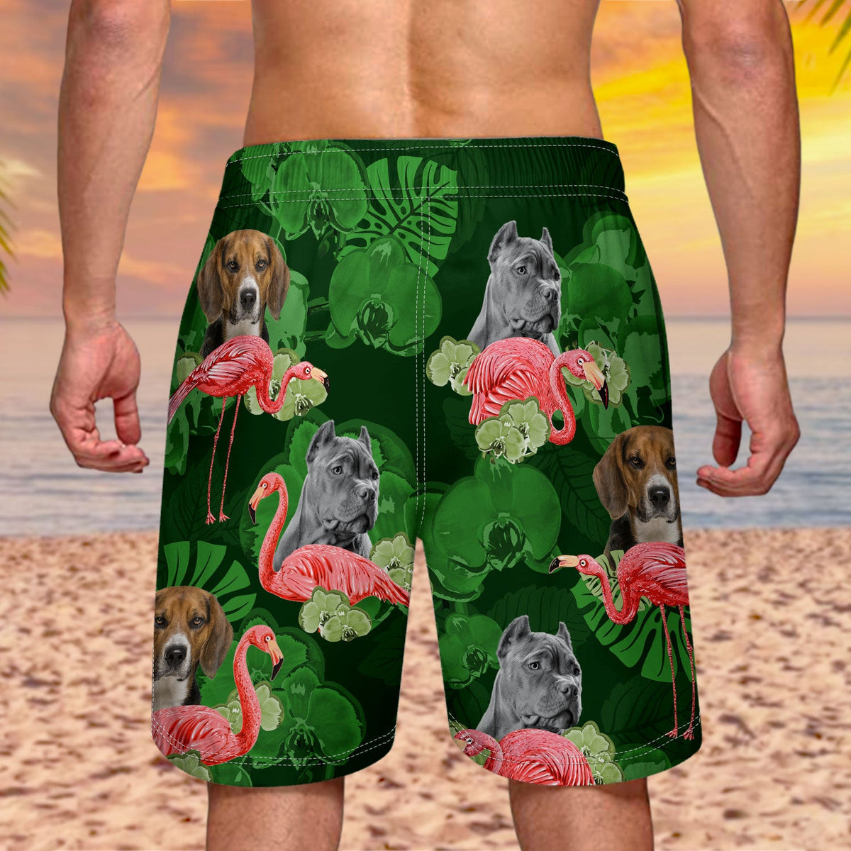 Custom Photo Funny Family Pet Face Flamingo - Funny Gift For Pet Lovers, Dog Mom, Cat Mom, Dog Dad, Cat Dad - Personalized Unisex Beach Shorts