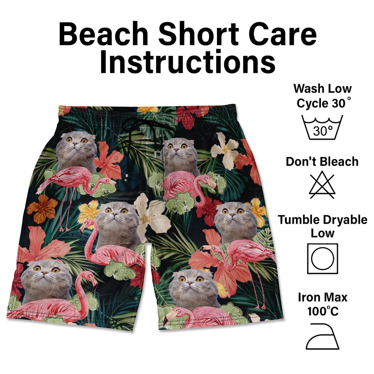 Custom Photo Funny Family Pet Face Flamingo - Funny Gift For Pet Lovers, Dog Mom, Cat Mom, Dog Dad, Cat Dad - Personalized Unisex Beach Shorts