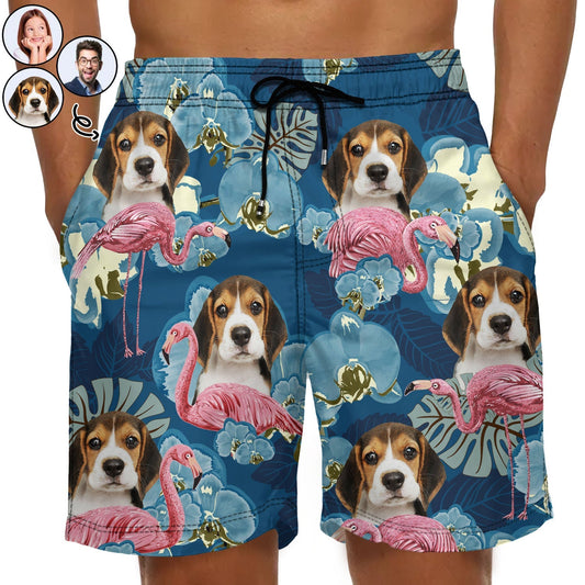 Custom Photo Funny Family Pet Face Flamingo - Funny Gift For Pet Lovers, Dog Mom, Cat Mom, Dog Dad, Cat Dad - Personalized Unisex Beach Shorts