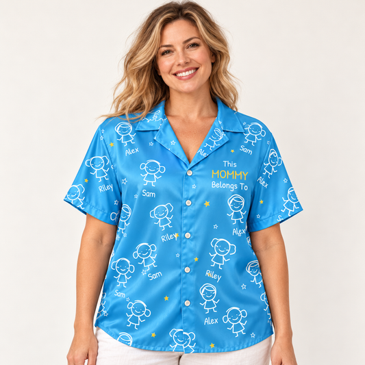 Model wearing This Mommy Belongs To Doodle - Personalized Hawaiian Shirt