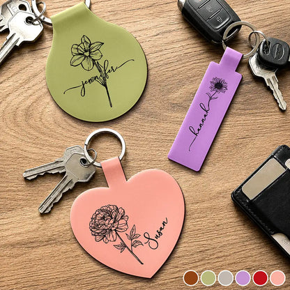 Birth Month Flowers Sketch Bloom Where You're Planted - Personalized Custom Shaped Leather Keychain