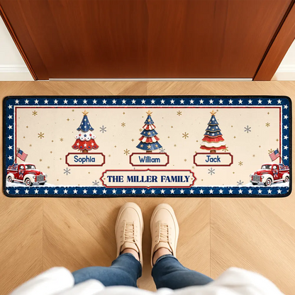 Family Stars & Stripes Christmas Trees - Personalized Runner Rug