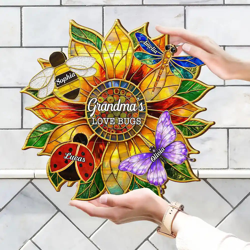 Grandma's Love Bugs Stained Glass Effect - Personalized Custom Shaped Wood Sign