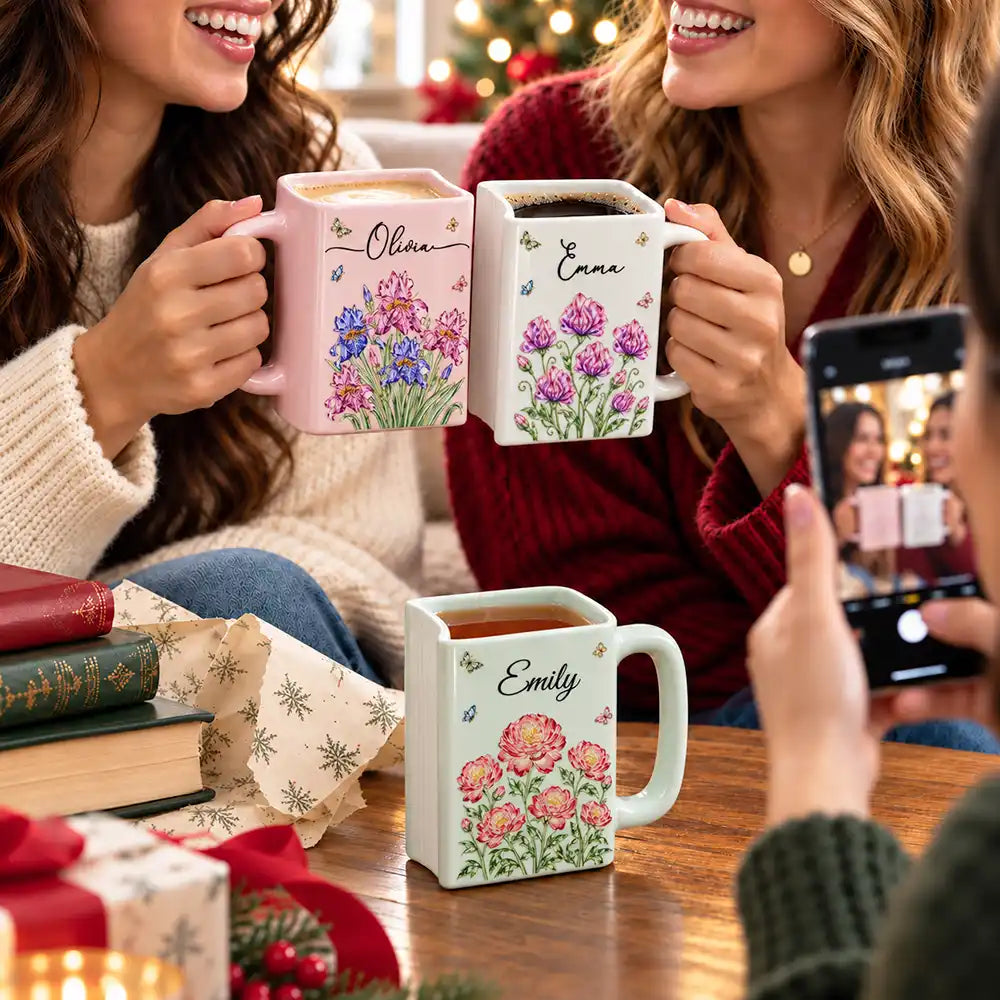 Christmas Gift For Bestie, Best Friend, Coworker, Book Lover - Personalized Crystal Effect Birth Month Flower Book Shaped Mug