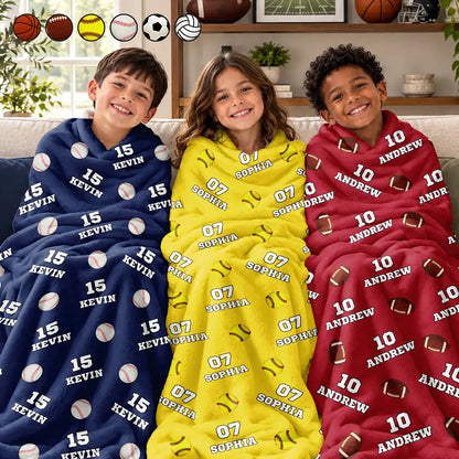 Sports Gift For Kids - Personalized American Football Baseball Soccer Fleece Blanket, Sherpa Blanket