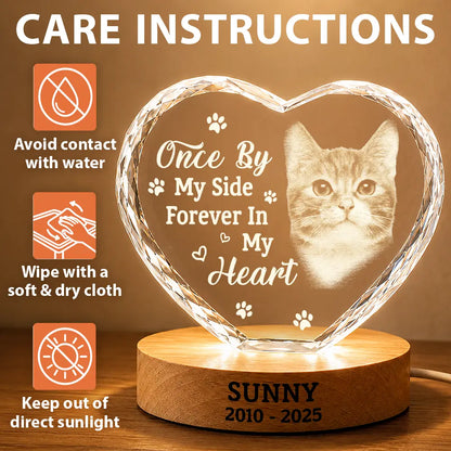 Custom Photo Once By My Side Forever In My Heart Memorial Dog Cat - Personalized Crystal Heart Shaped Lamp