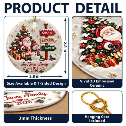 Christmas Gift For Family - Personalized Family Name Santa And Snowman 3D Embossed Circle Ceramic Ornament