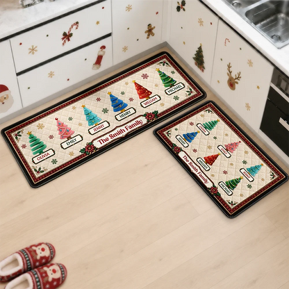 Custom Family Christmas Trees With Faux Quilt Effect - Personalized Runner Rug