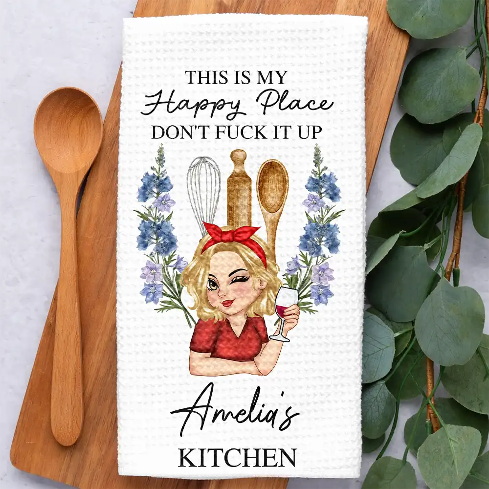 This Is My Happy Place Birth Flower Mom Grandma Kitchen - Personalized Kitchen Towel