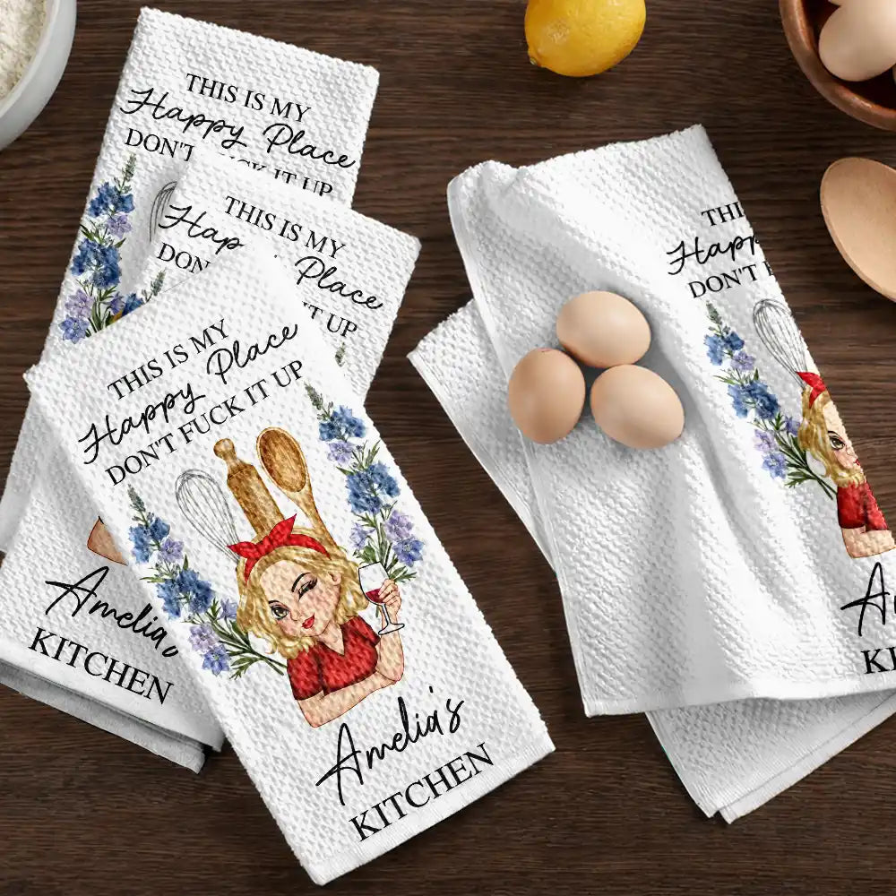This Is My Happy Place Birth Flower Mom Grandma Kitchen - Personalized Kitchen Towel