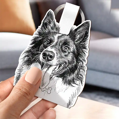 Custom Photo Pencil Sketch Art Family Dog Cat Portrait - Personalized Custom Shaped Leather Keychain