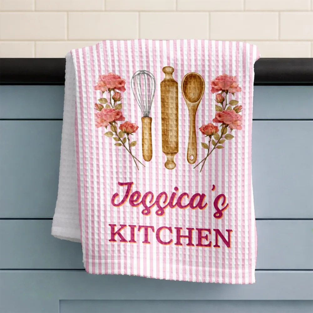 Birth Flower Striped Pattern - Personalized Kitchen Towel