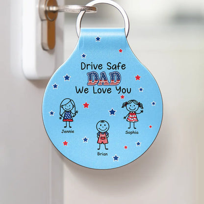 Stick Figures Drive Safe Daddy Grandpa US Flag - Personalized Custom Shaped Leather Keychain