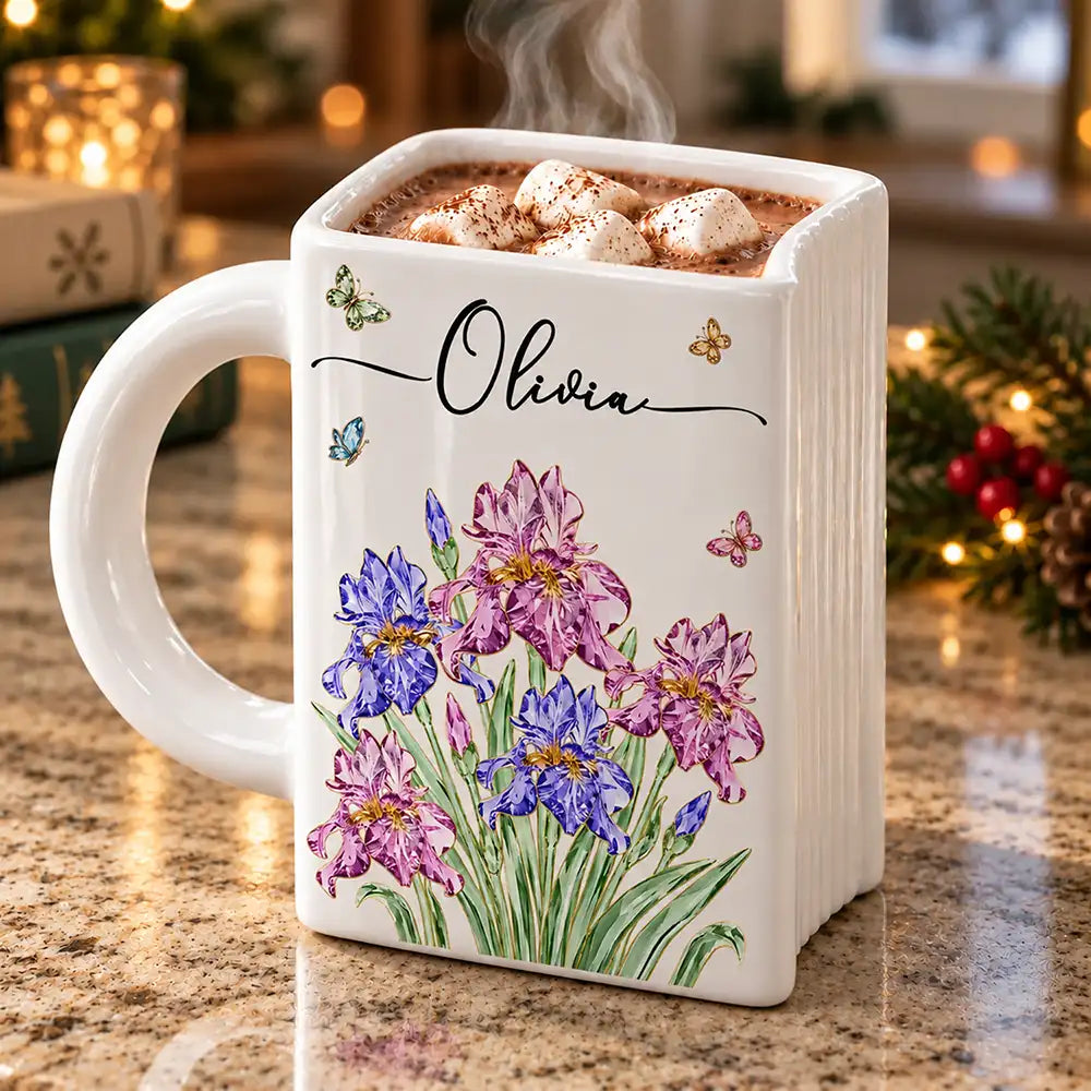 Christmas Gift For Bestie, Best Friend, Coworker, Book Lover - Personalized Crystal Effect Birth Month Flower Book Shaped Mug