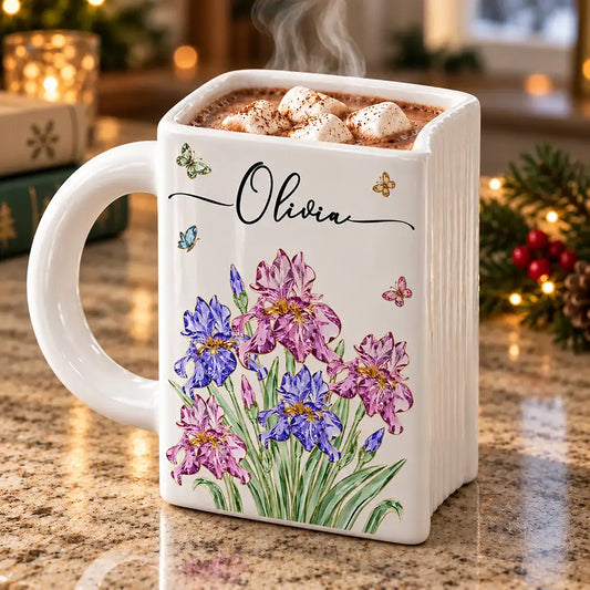 Christmas Gift For Bestie, Best Friend, Coworker, Book Lover - Personalized Crystal Effect Birth Month Flower Book Shaped Mug