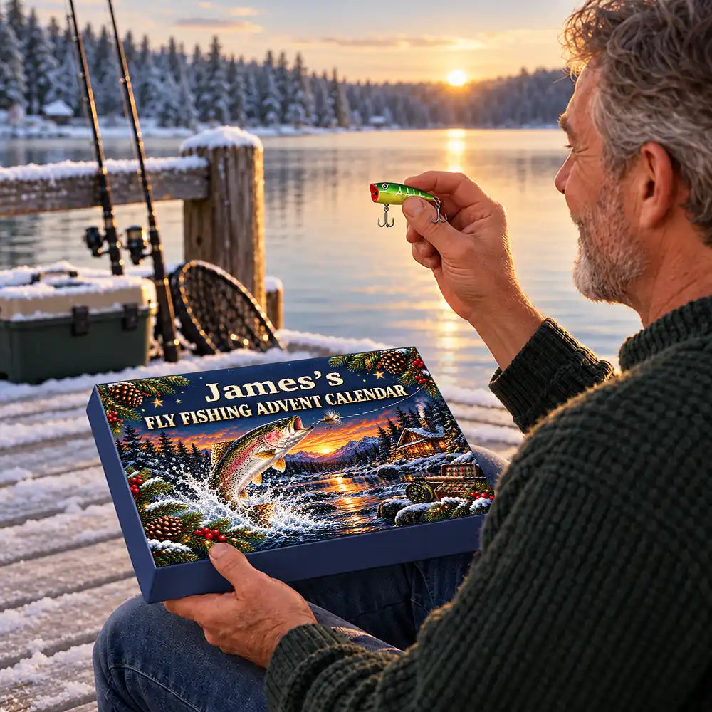 Fishing Gift For Him, Husband, Grandpa, Son - Personalized Custom Name Christmas Countdown Box Advent Calendar