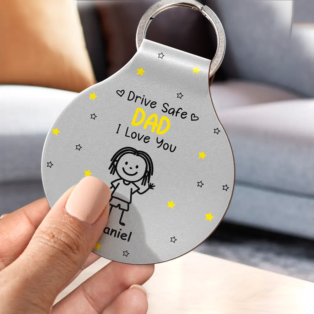 Stick Figures Drive Safe Daddy Grandpa - Personalized Custom Shaped Leather Keychain