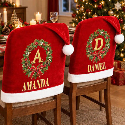 Christmas Table Decor Gift For Family - Personalized Monogram Gold Initial In Holly Wreath Chair Cover