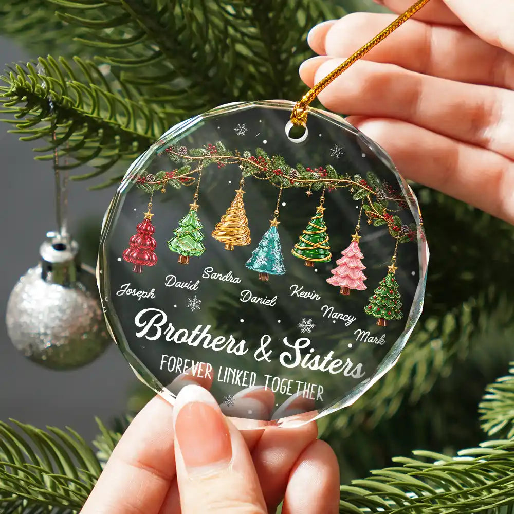 Festive 3D Effect Christmas Trees Brothers & Sisters Forever Linked Together - Personalized Glass Ornament
