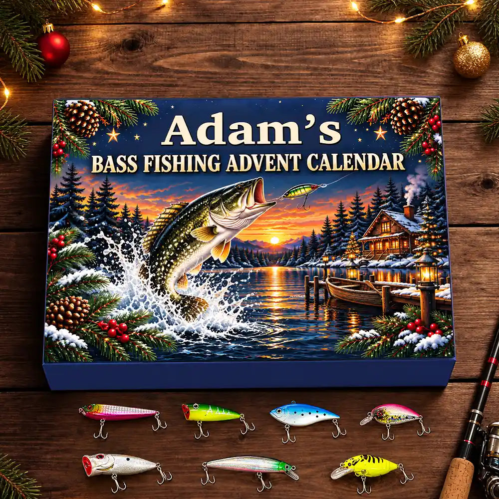 Fishing Gift For Him, Husband, Grandpa, Son - Personalized Custom Name Christmas Countdown Box Advent Calendar