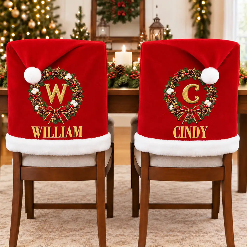 Christmas Table Decor Gift For Family - Personalized Monogram Gold Initial In Holly Wreath Chair Cover