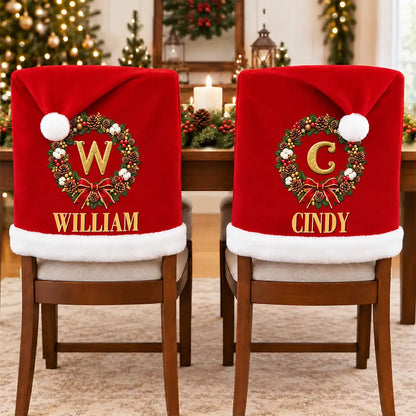 Christmas Table Decor Gift For Family - Personalized Monogram Gold Initial In Holly Wreath Chair Cover