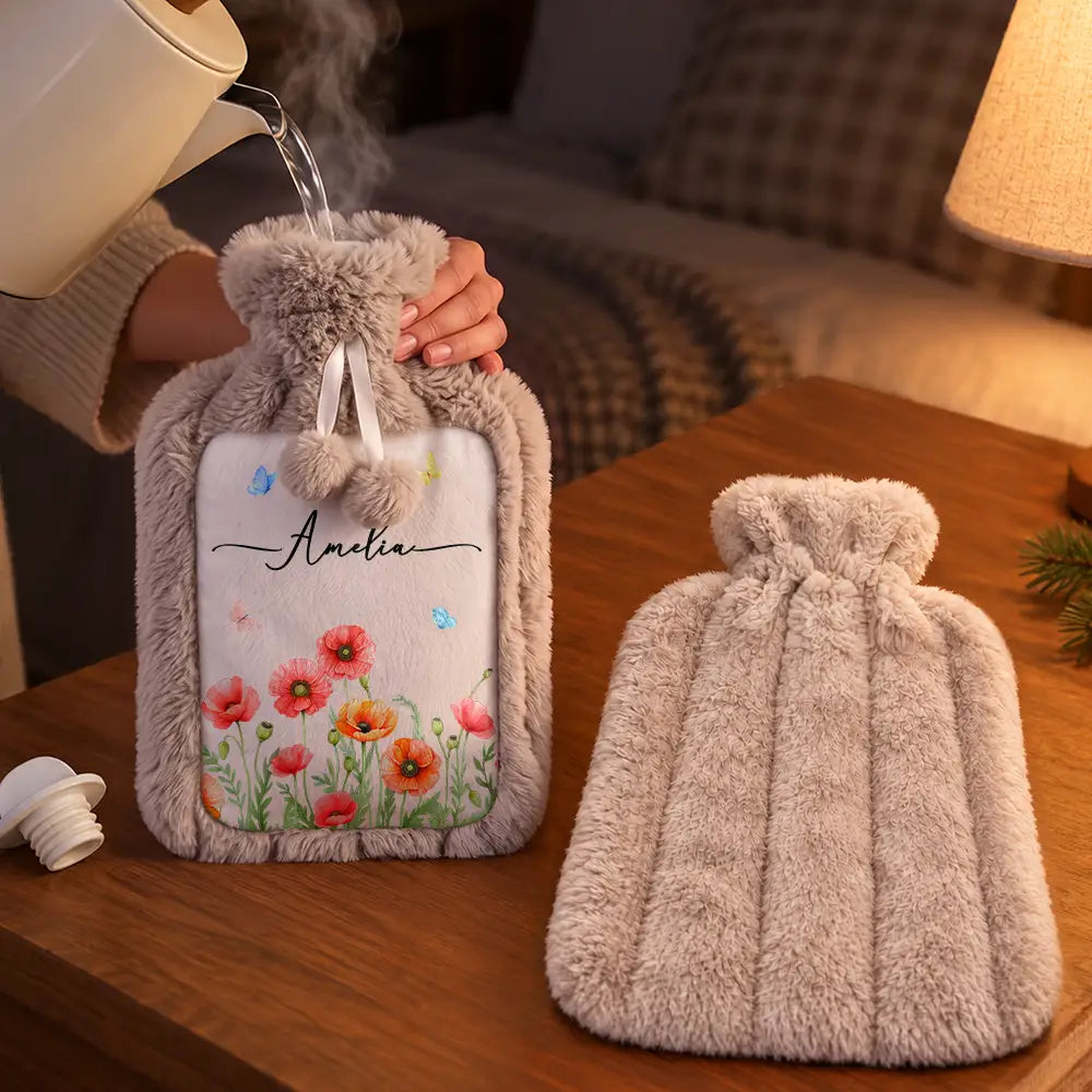 Birthday, Christmas Gift For Her, Daughter, Mom, Friends - Personalized Birth Flower And Name Hot Water Bottle