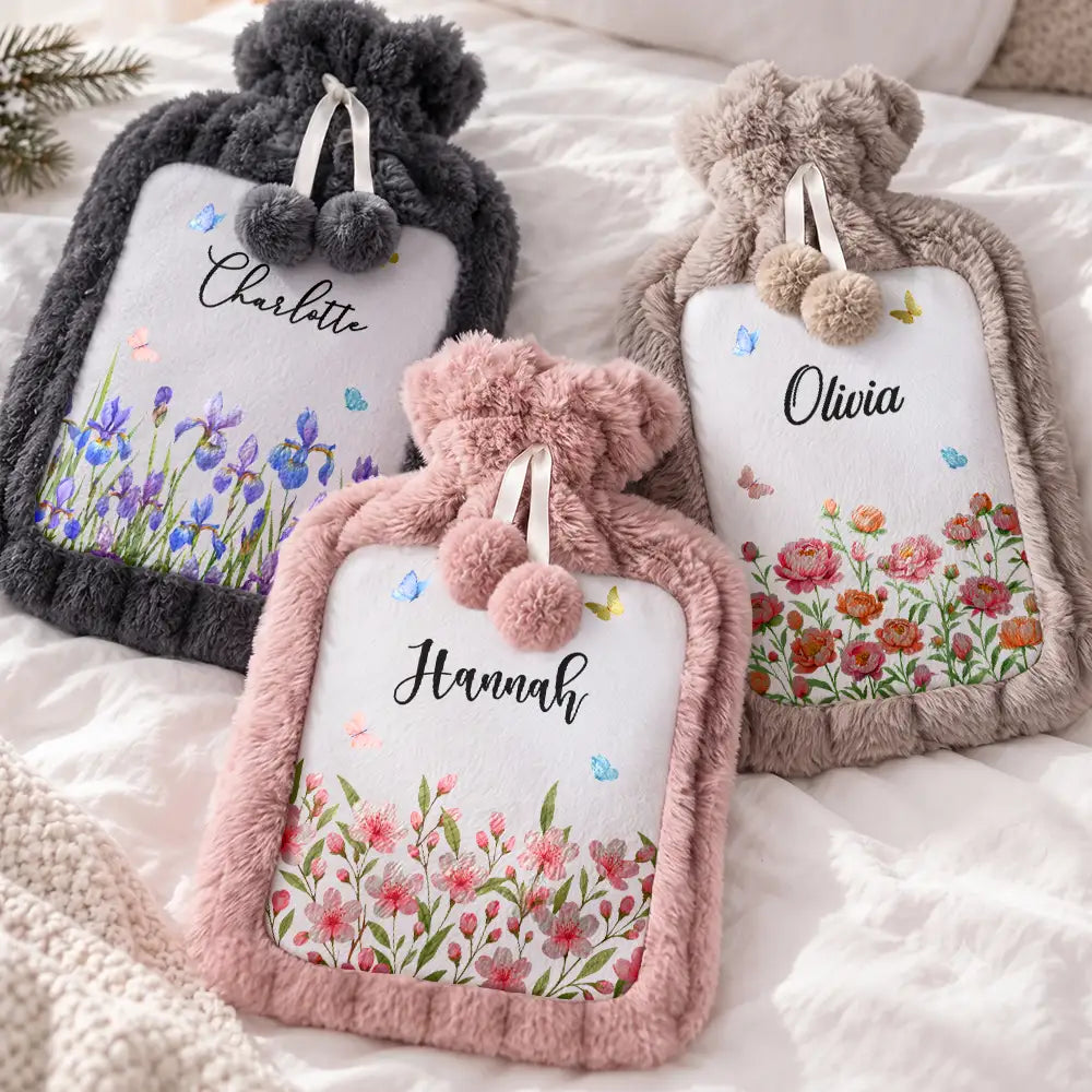 Birthday, Christmas Gift For Her, Daughter, Mom, Friends - Personalized Birth Flower And Name Hot Water Bottle