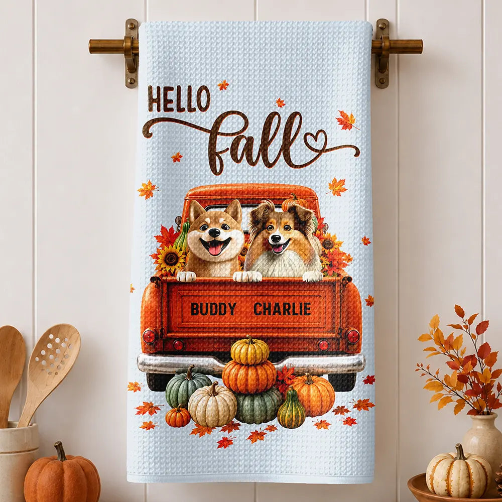 Hello Fall Pet Pumpkin Truck - Personalized Kitchen Towel