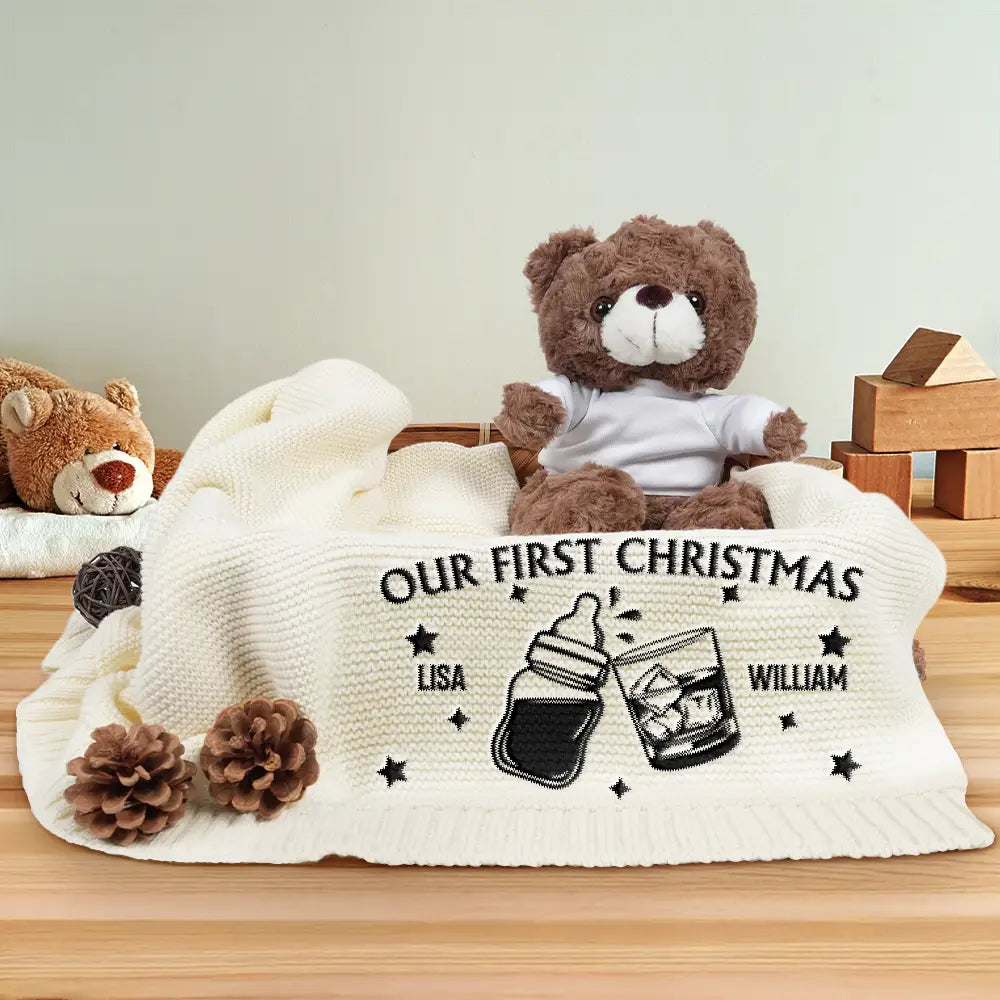 Our First Christmas Together Newborn Baby With Daddy - Personalized Embroidered Knitted Baby Blanket