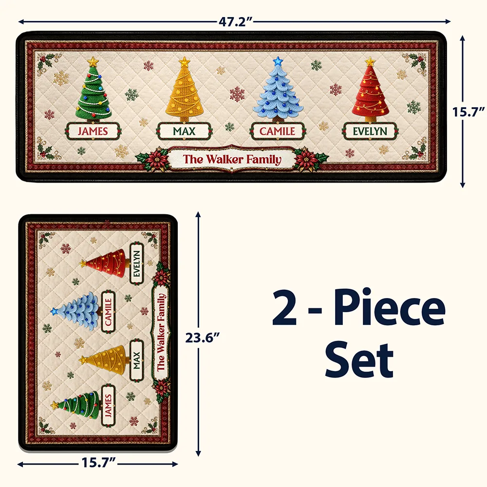 Custom Family Christmas Trees With Faux Quilt Effect - Personalized Runner Rug