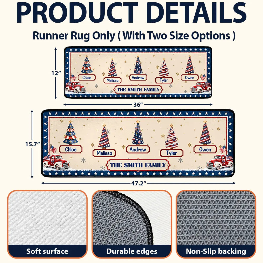 Family Stars & Stripes Christmas Trees - Personalized Runner Rug