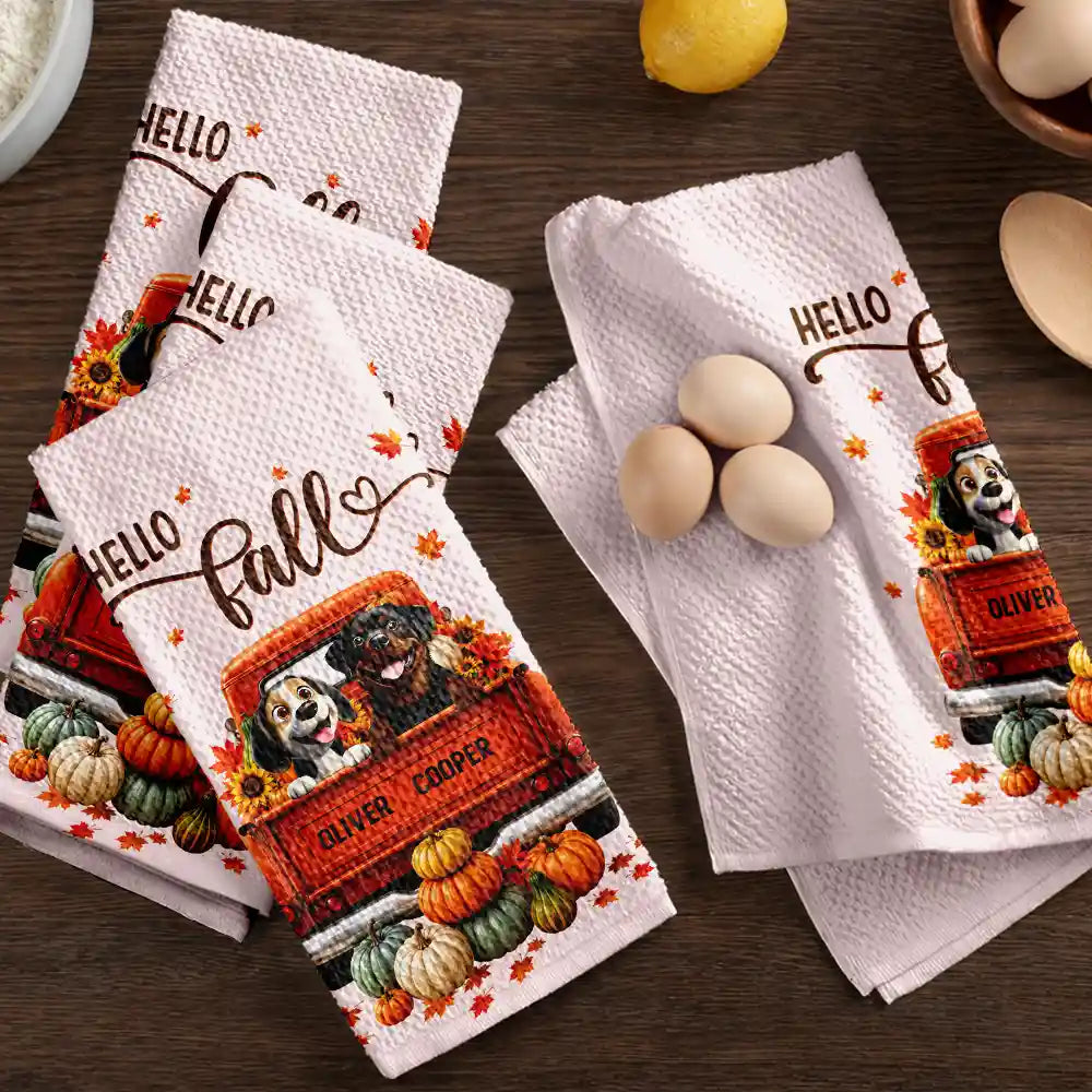 Hello Fall Pet Pumpkin Truck - Personalized Kitchen Towel