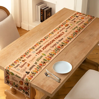 Thanksgiving Table Decor For Family Gathering - Personalized Fall Foliage Family Names Table Runner