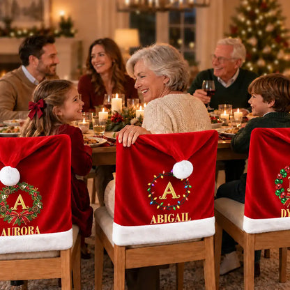 Christmas Table Decor Gift For Family - Personalized Monogram Gold Initial In Holly Wreath Chair Cover