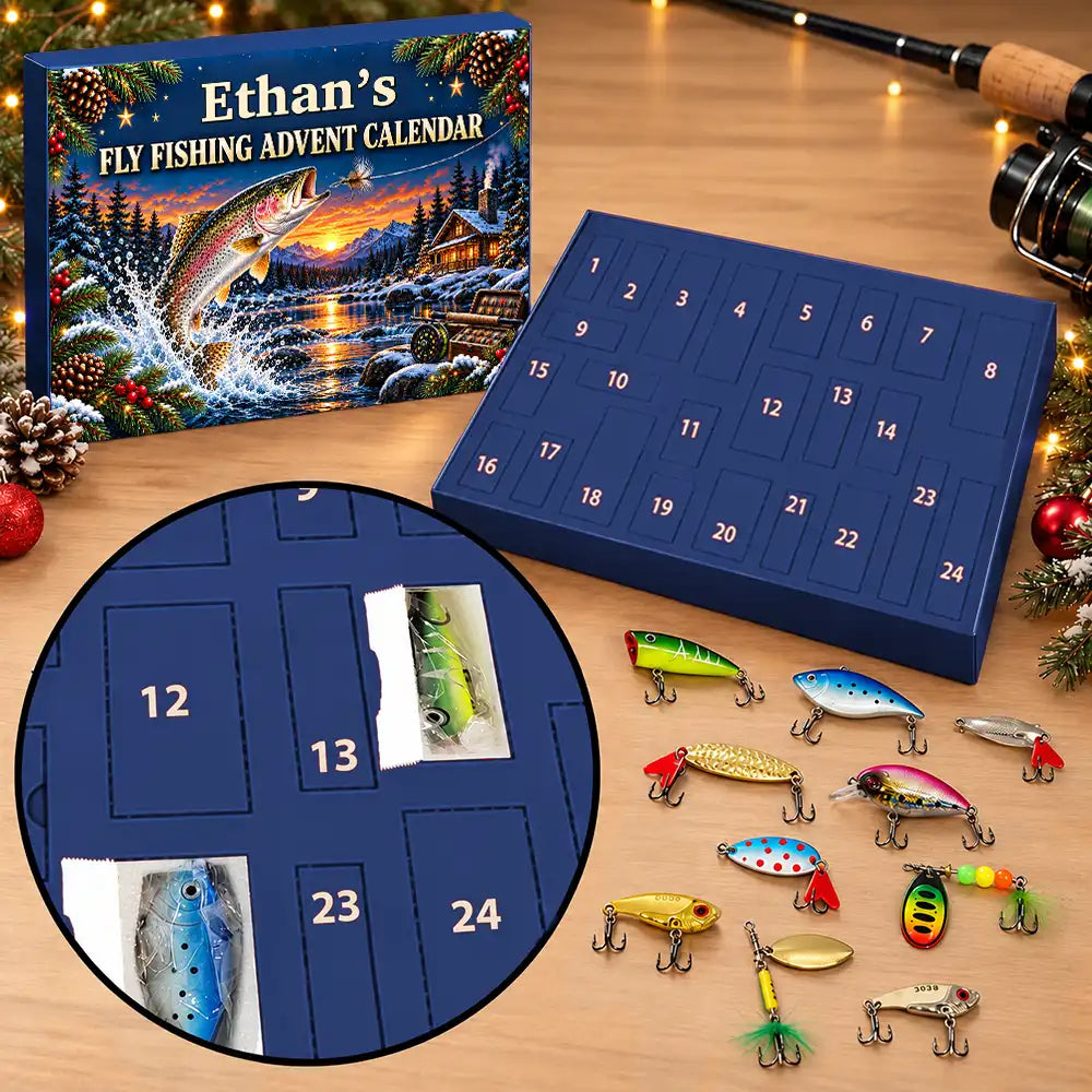 Fishing Gift For Him, Husband, Grandpa, Son - Personalized Custom Name Christmas Countdown Box Advent Calendar