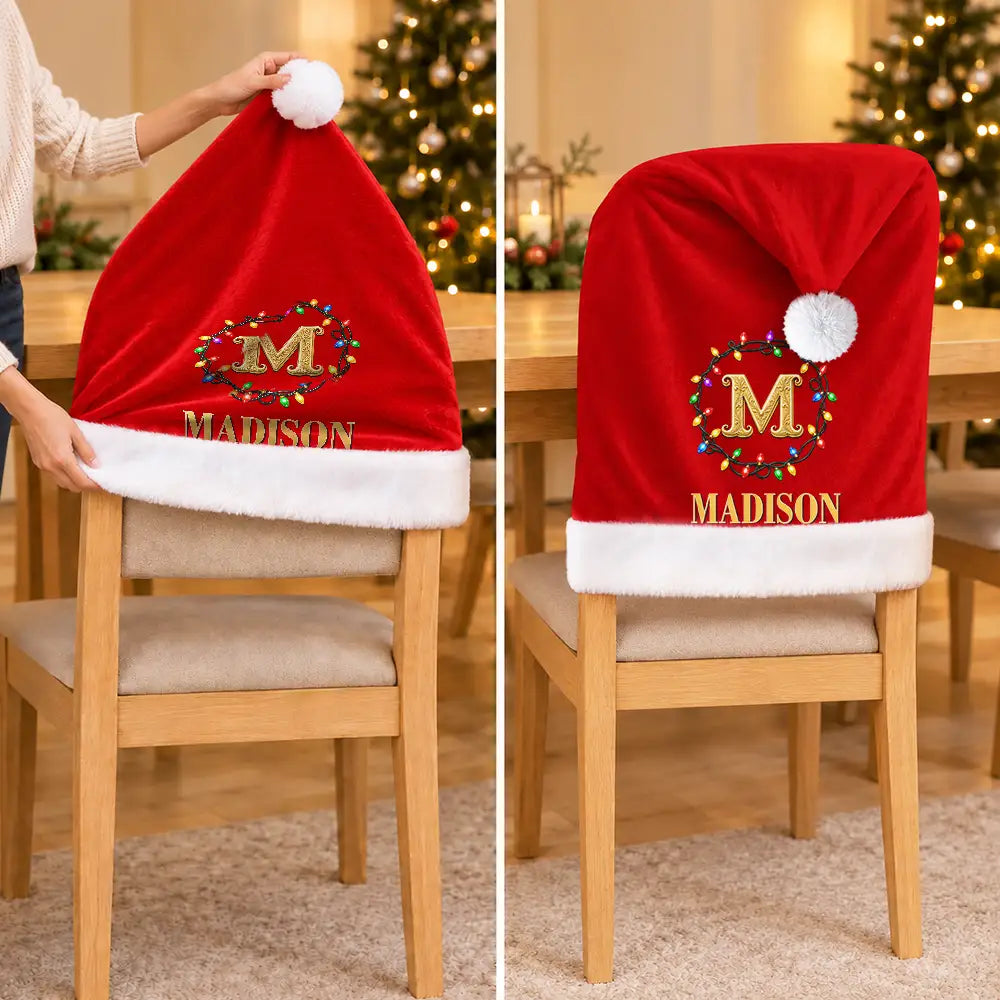 Christmas Table Decor Gift For Family - Personalized Monogram Gold Initial In Holly Wreath Chair Cover