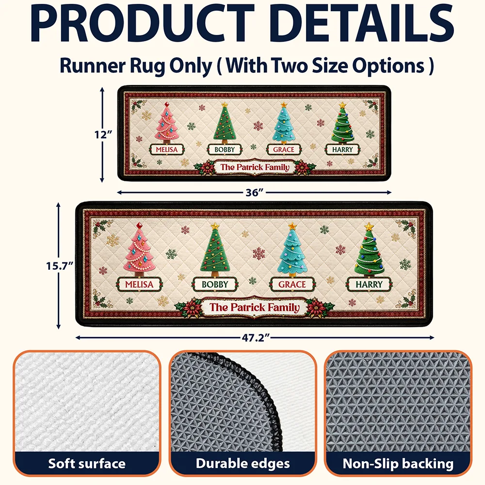 Custom Family Christmas Trees With Faux Quilt Effect - Personalized Runner Rug