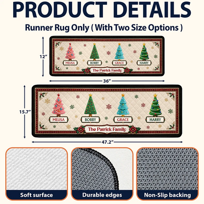Custom Family Christmas Trees With Faux Quilt Effect - Personalized Runner Rug
