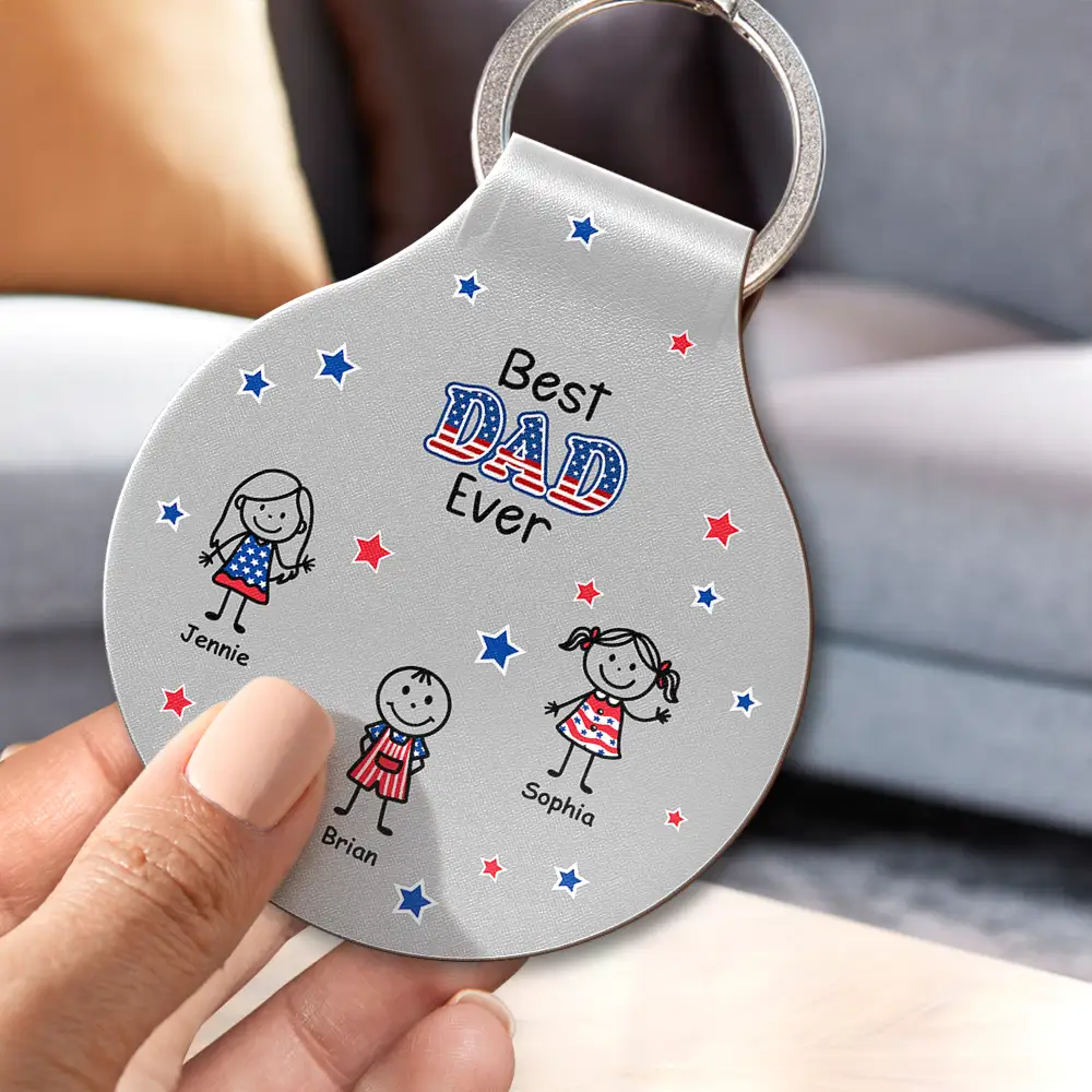 Stick Figures Drive Safe Daddy Grandpa US Flag - Personalized Custom Shaped Leather Keychain