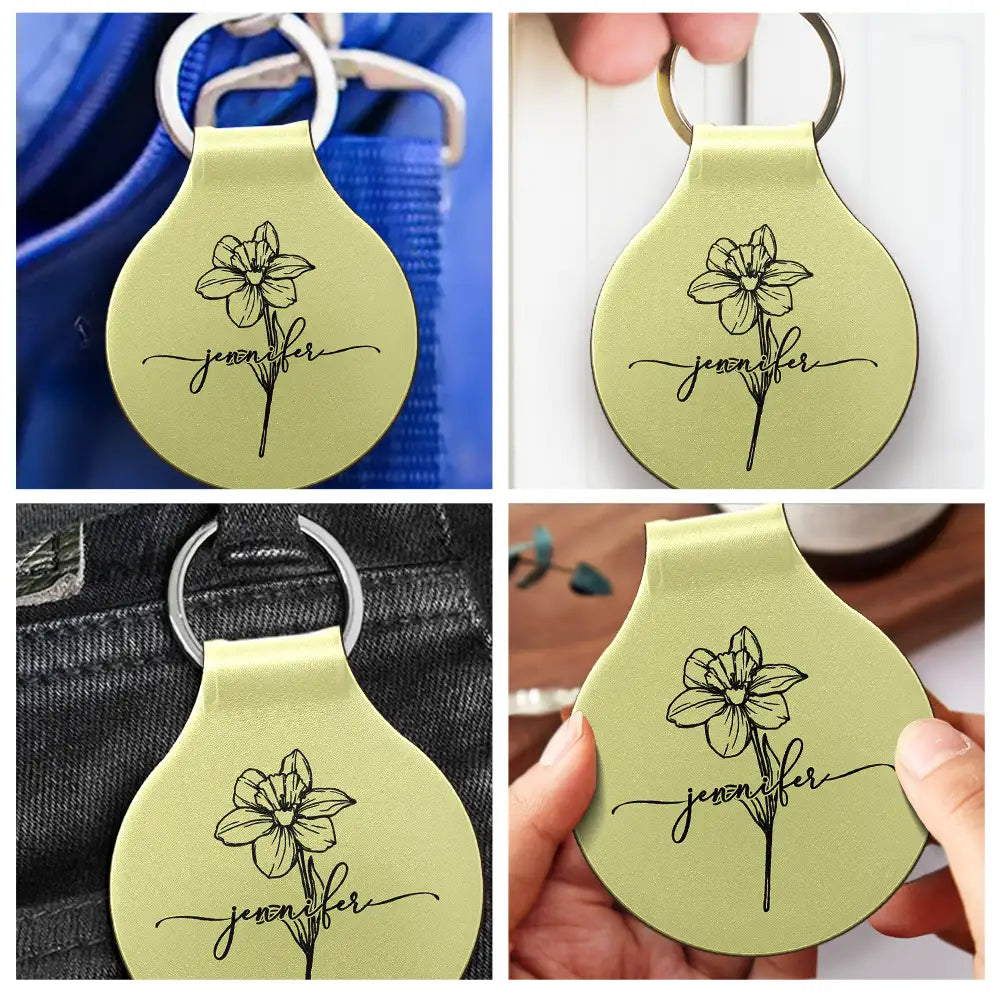 Birth Month Flowers Sketch Bloom Where You're Planted - Personalized Custom Shaped Leather Keychain