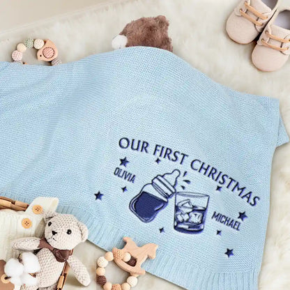 Our First Christmas Together Newborn Baby With Daddy - Personalized Embroidered Knitted Baby Blanket