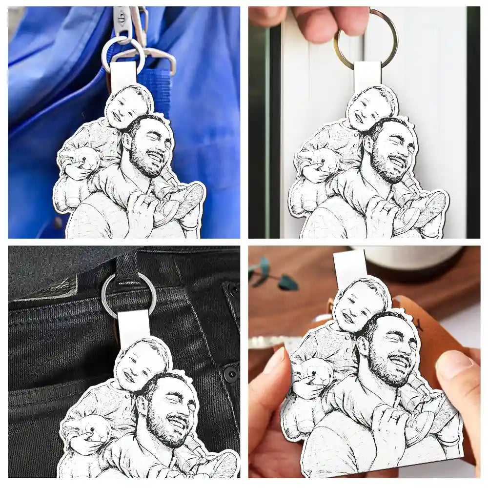 Custom Photo Pencil Sketch Art Family Dog Cat Portrait - Personalized Custom Shaped Leather Keychain