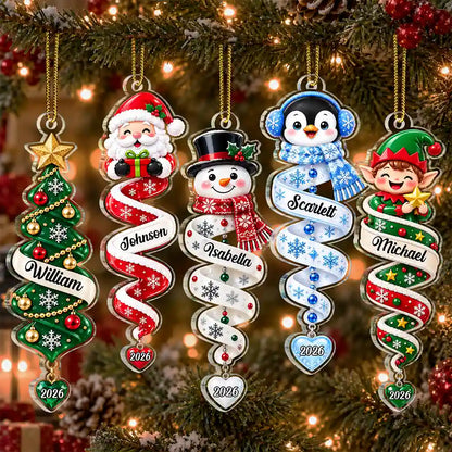 Christmas Gift For Kids Family Friends - Personalized Name & Character Santa Snowman Reindeer Spiral Acrylic Ornament