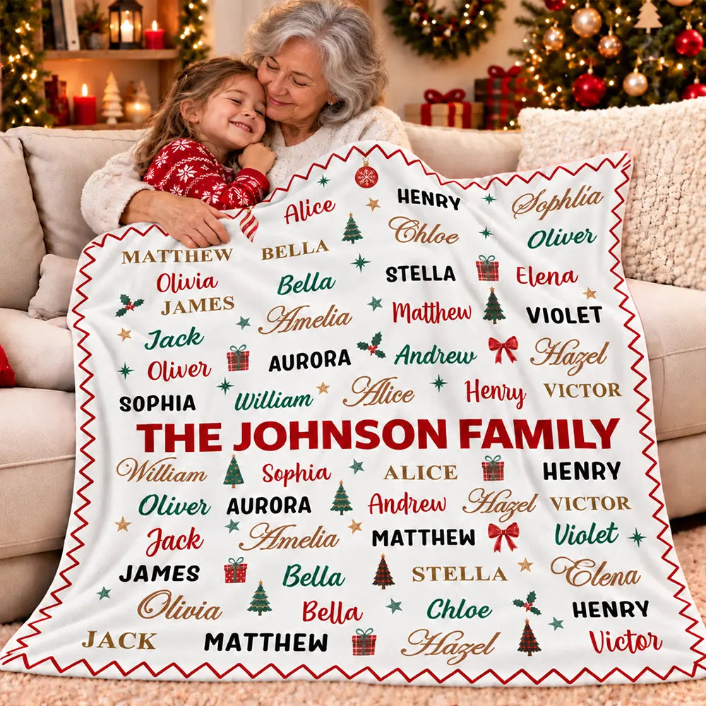 Christmas Gift For Family Grandma Mom - Personalized Family & Member Names Word Art Christmas Fleece Blanket, Sherpa Blanket