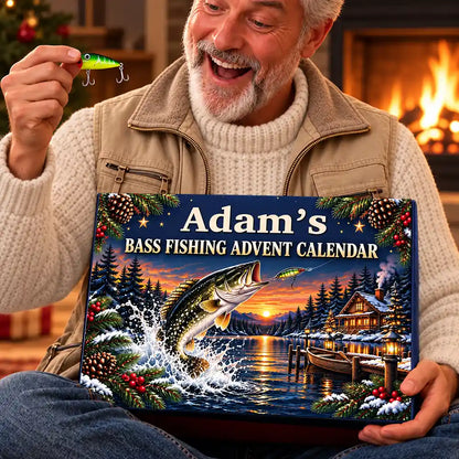 Fishing Gift For Him, Husband, Grandpa, Son - Personalized Custom Name Christmas Countdown Box Advent Calendar